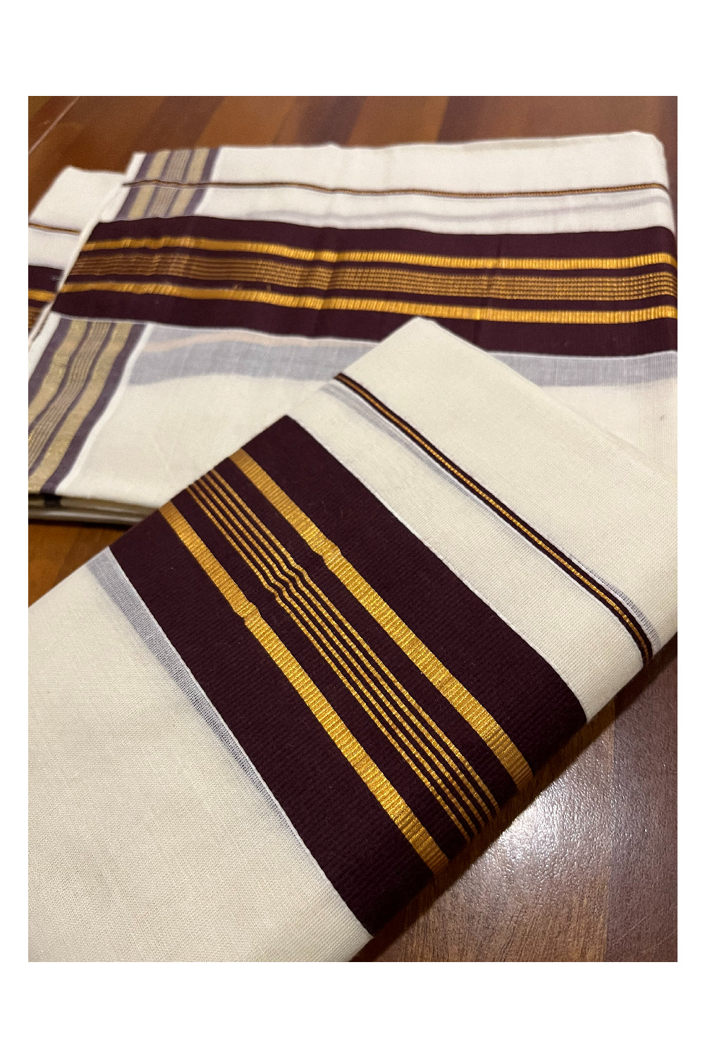 Pure Cotton Kerala Single Set Mundu (Mundum Neriyathum) with Brown and Kasavu Border (Onam Set Mundu 2023)