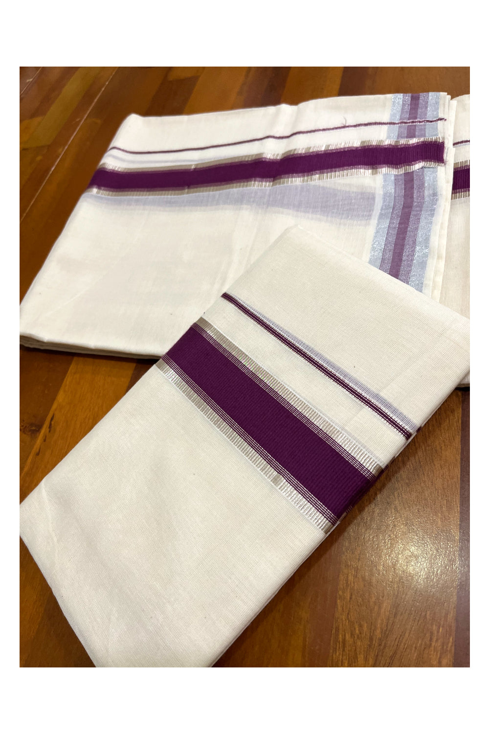 Kerala Cotton Set Mundu (Mundum Neriyathum) with Silver Kasavu and Purple Border 2.80 Mtrs