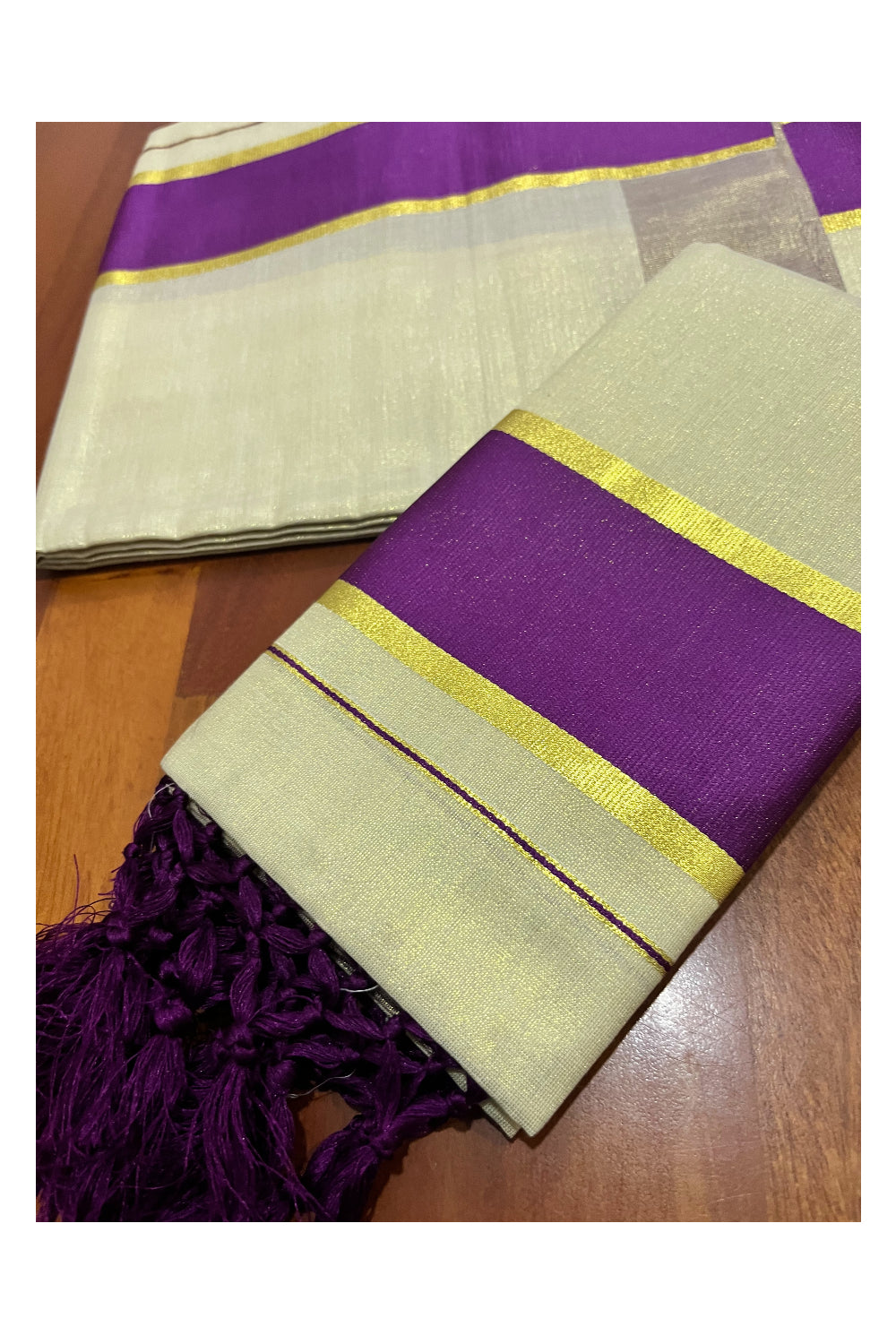 Kerala Tissue Kasavu Set Mundu (Mundum Neriyathum) with Violet Kara and Tassels on Pallu 2.50 Mtrs