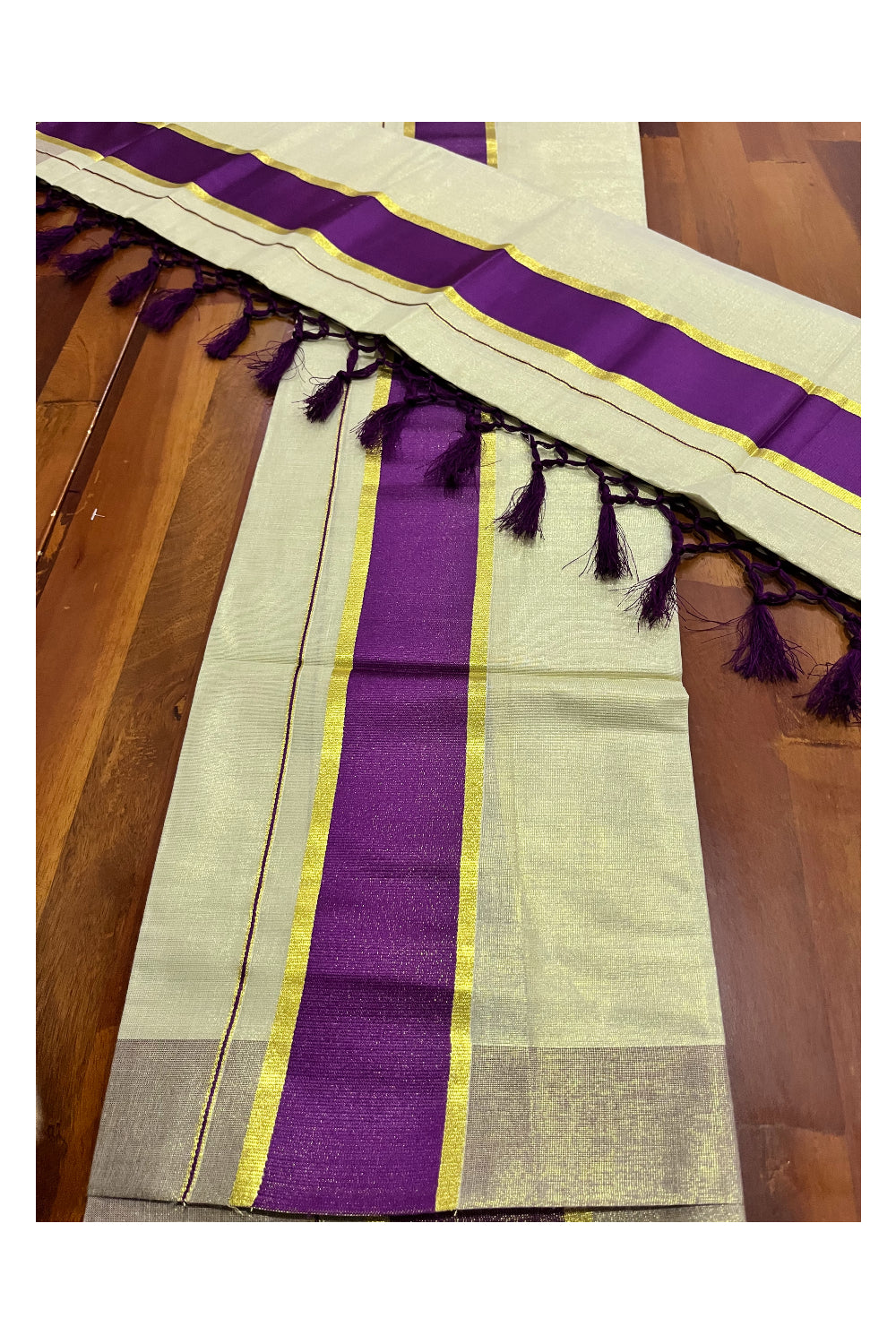 Kerala Tissue Kasavu Set Mundu (Mundum Neriyathum) with Violet Kara and Tassels on Pallu 2.50 Mtrs