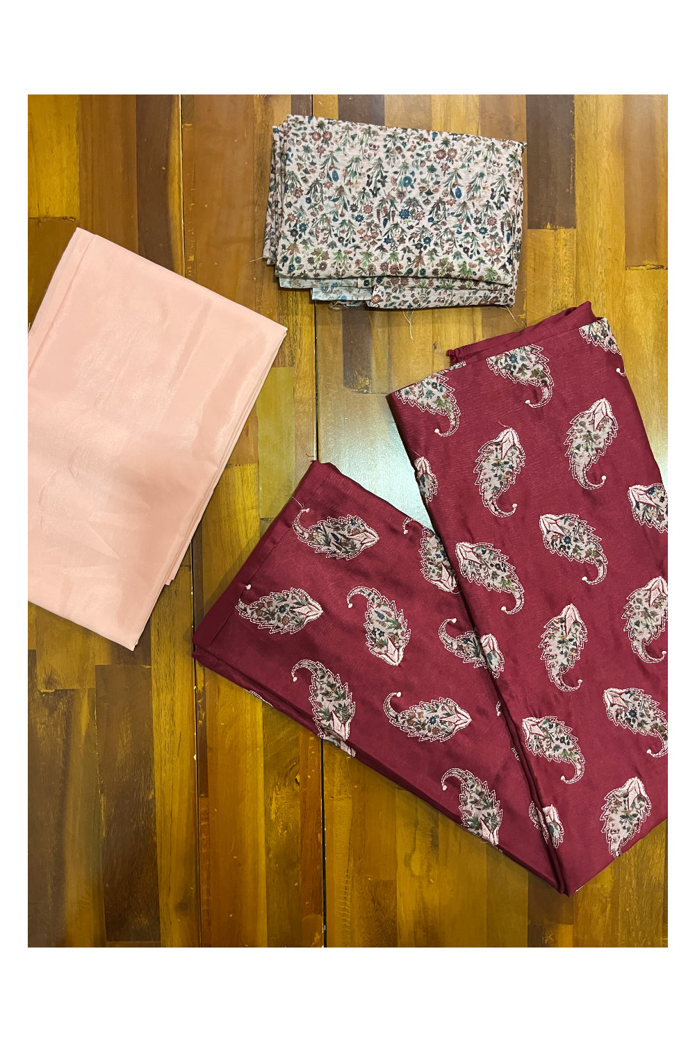 Southloom™ Semi Tussar Churidar Salwar Suit Material in Maroon with Thread Works