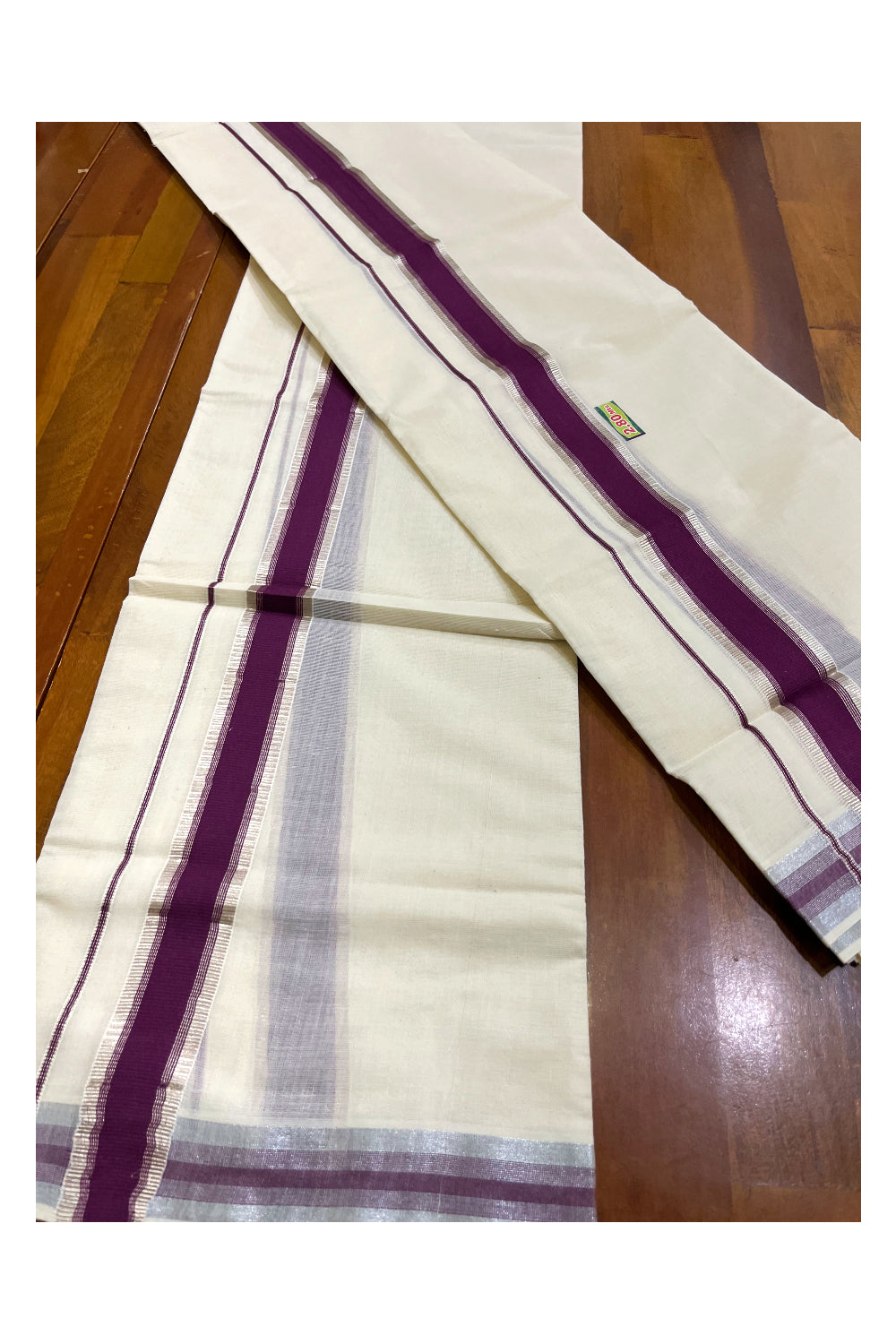 Kerala Cotton Set Mundu (Mundum Neriyathum) with Silver Kasavu and Purple Border 2.80 Mtrs