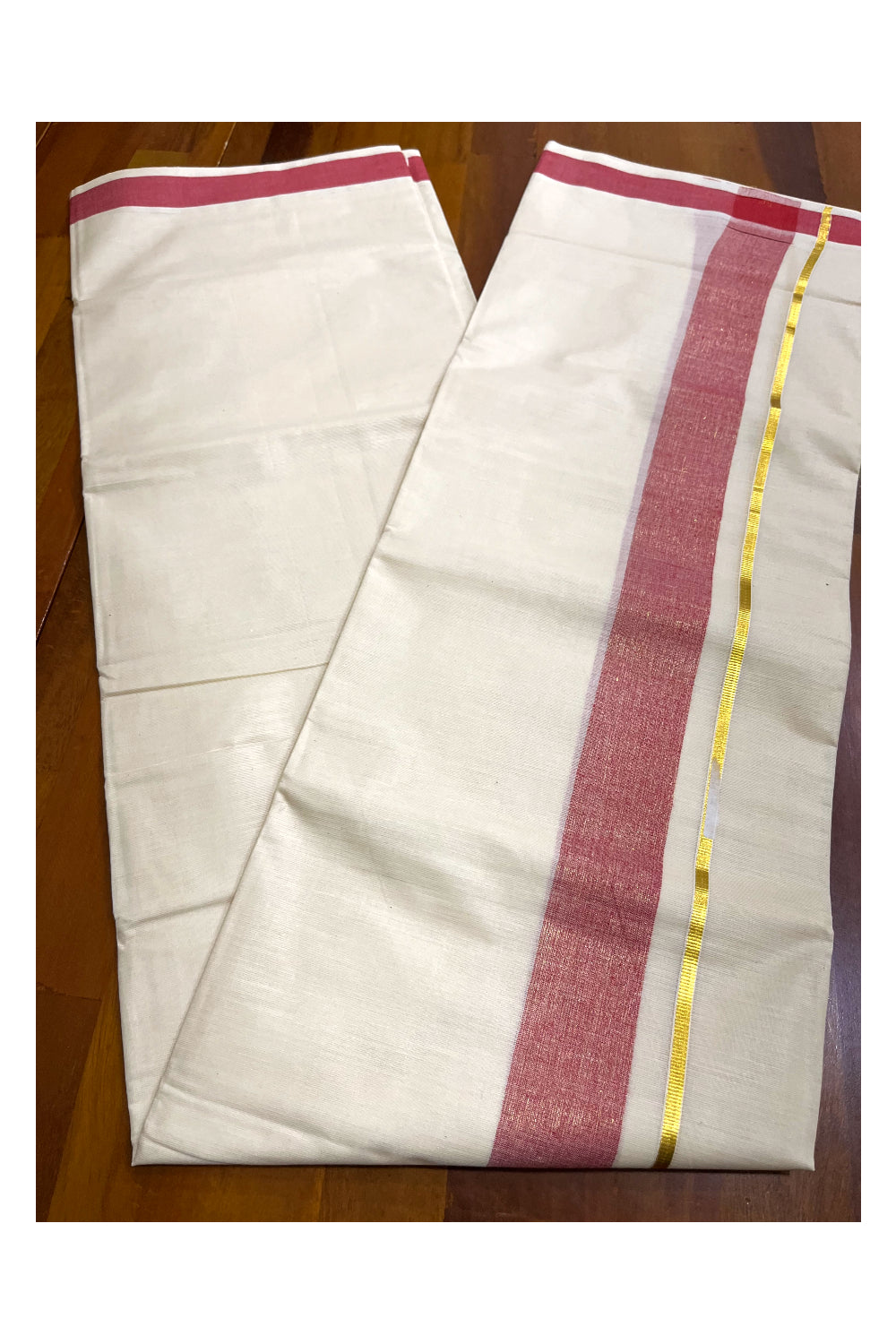 Kerala Pure Cotton Double Mundu with Red Kasavu Border (South Indian Kerala Dhoti)