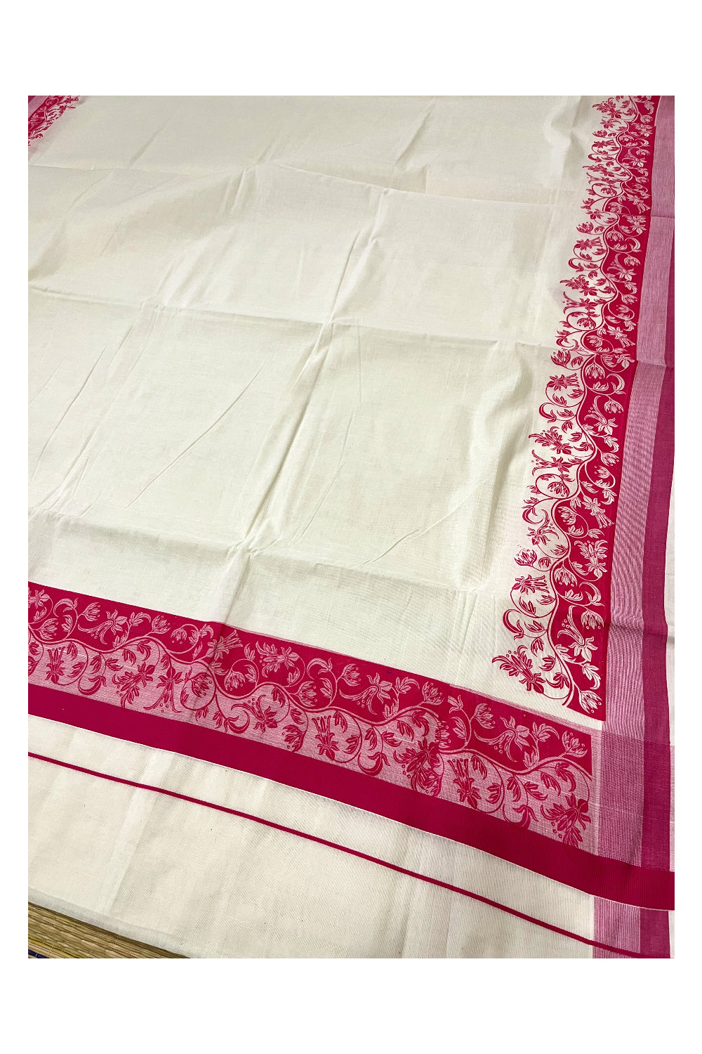 Kerala Cotton Saree with Pink Floral Block Printed Border