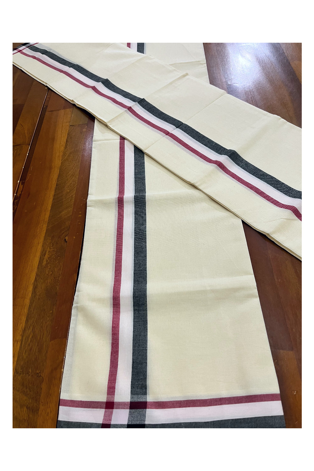 Kerala Cotton Mulloth Mundum Neriyathum Single (Set Mundu) with Black Maroon White Border (Extra Soft Cotton) 2.80 Mtrs