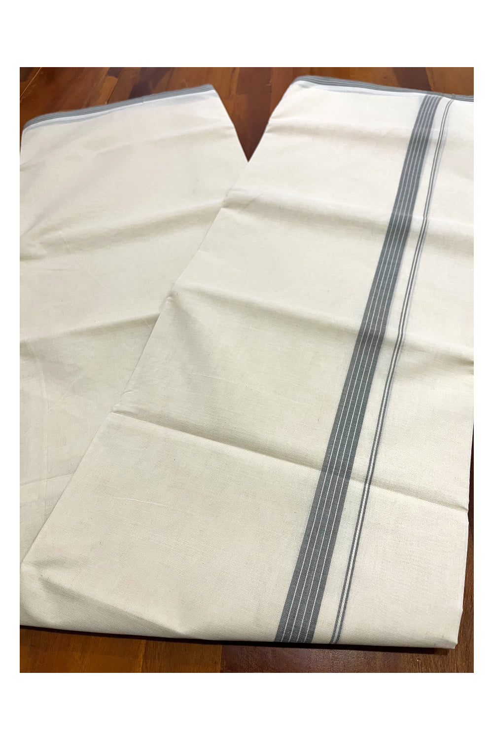 Pure Cotton 100x100 Double Mundu with Grey Line Border (South Indian Kerala Dhoti)