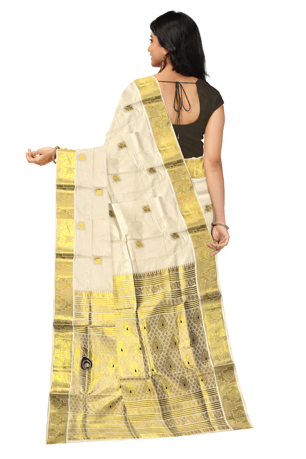 Kerala Pure Cotton Heavy Woven Work Kasavu Saree with Brown Feather Works