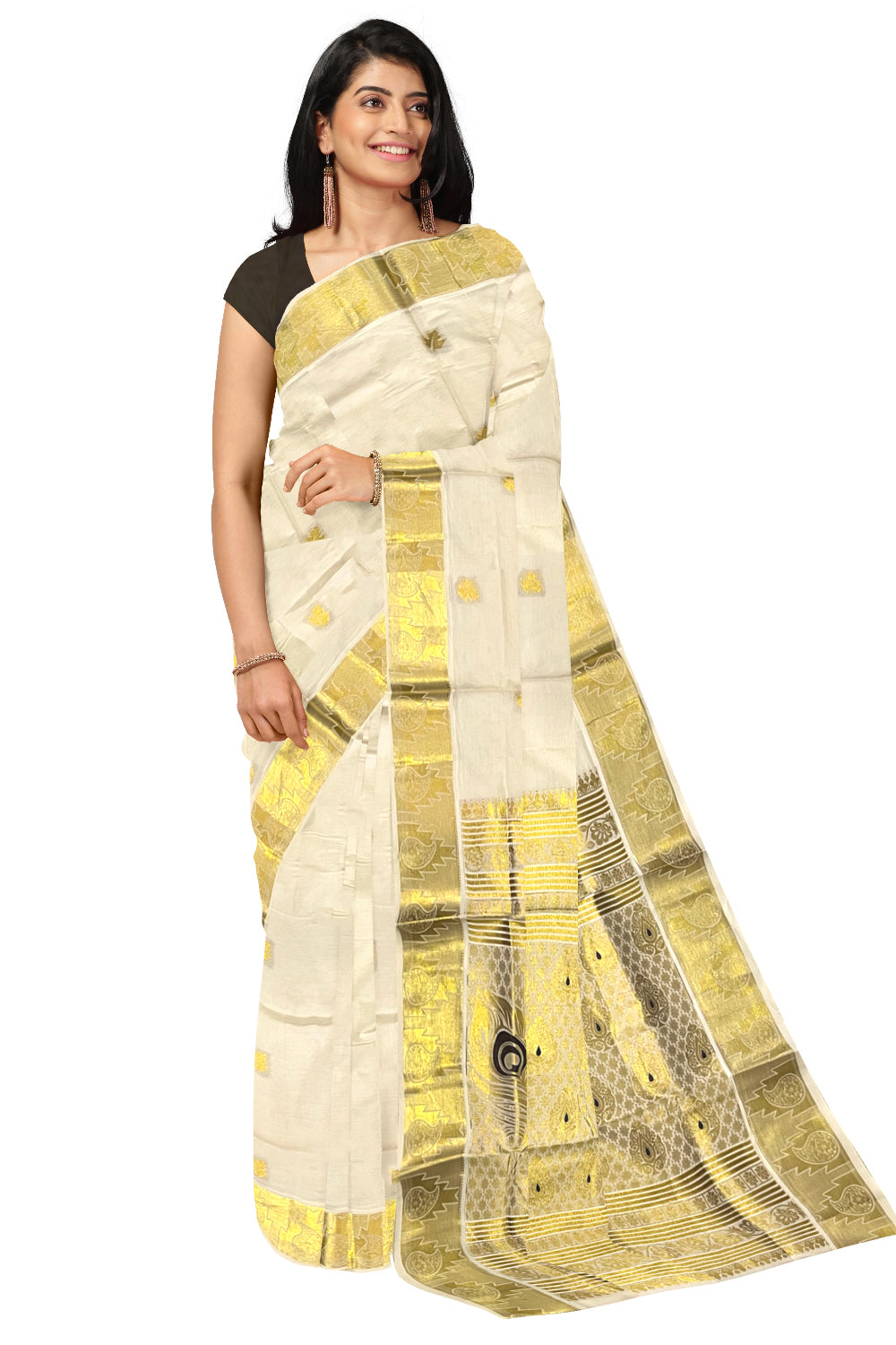 Kerala Pure Cotton Heavy Woven Work Kasavu Saree with Brown Feather Works