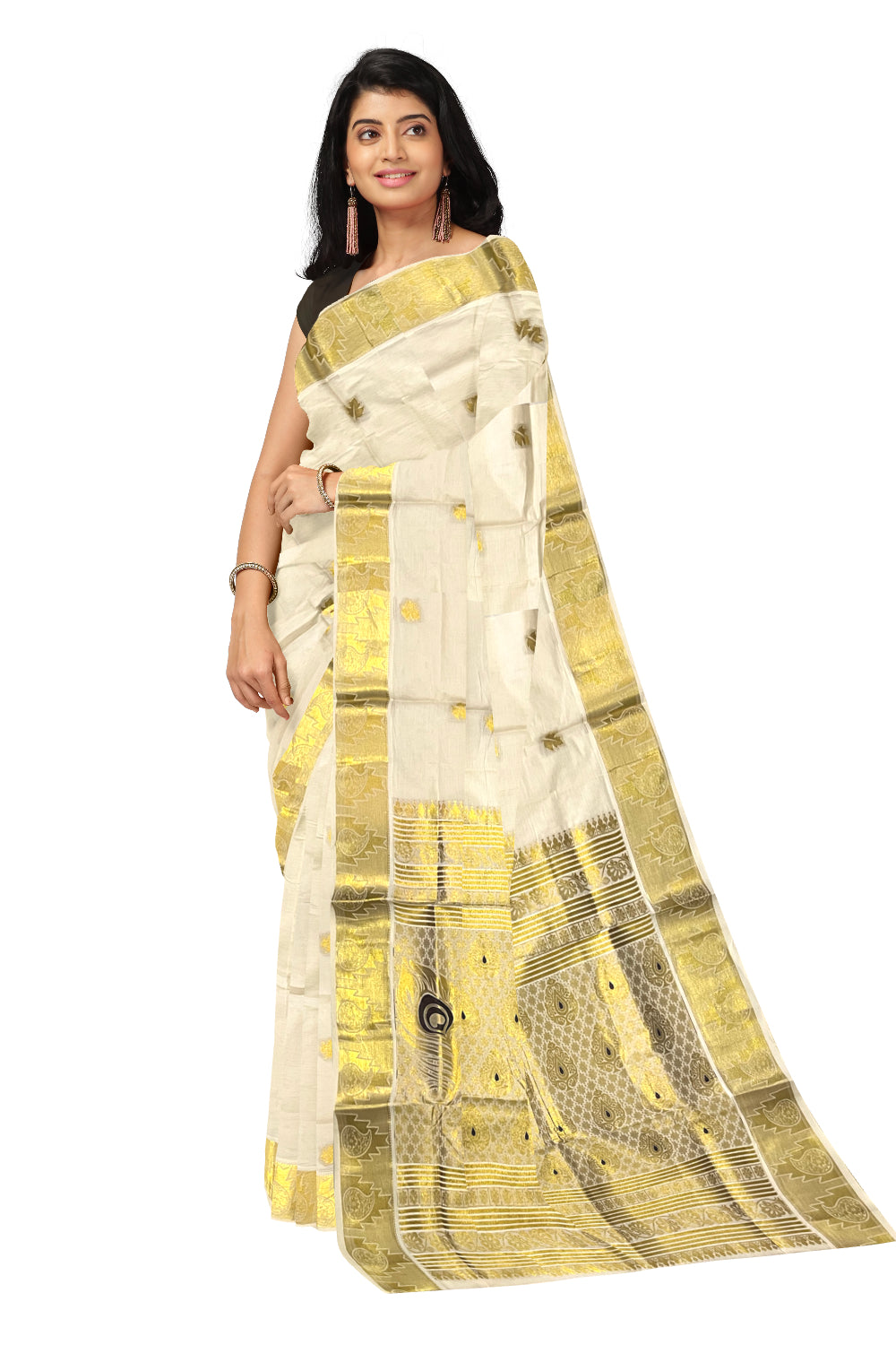 Kerala Pure Cotton Heavy Woven Work Kasavu Saree with Brown Feather Works