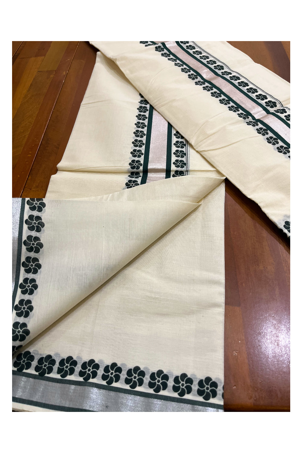 Mundum Neriyathum Single (Set Mundu) with Block Prints on Silver Kasavu and Dark Green Border (Onam 2024 Collection)