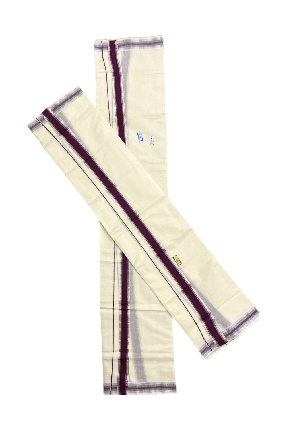 Kerala Cotton Set Mundu (Mundum Neriyathum) with Silver Kasavu and Purple Border 2.80 Mtrs