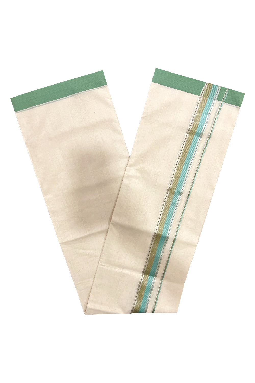 Southloom Premium Balaramapuram Unakkupaavu Handloom Mundu with Turquoise Brown Kasavu Border (South Indian Kerala Dhoti)