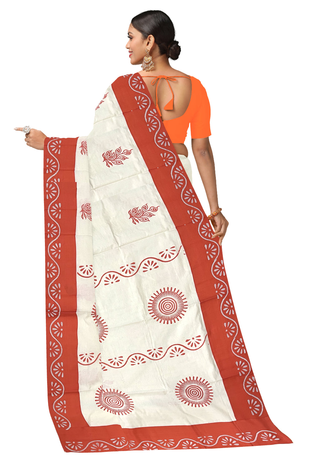 Pure Cotton Onam 2023 Kerala Saree with Hand Block Orange Batik Prints