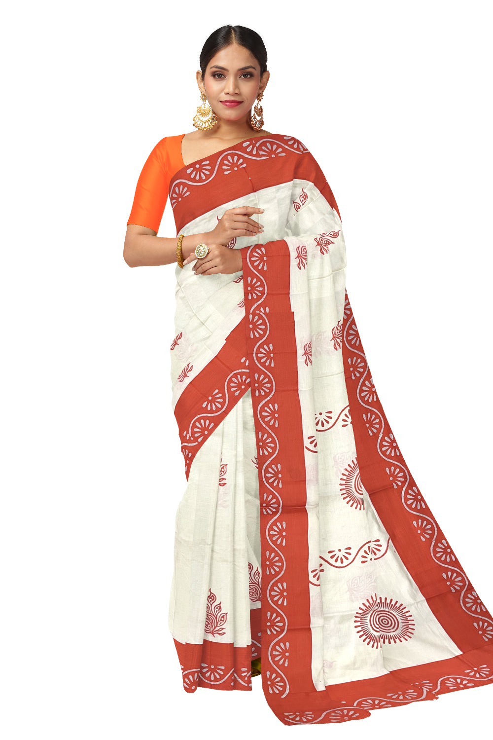 Pure Cotton Onam 2023 Kerala Saree with Hand Block Orange Batik Prints