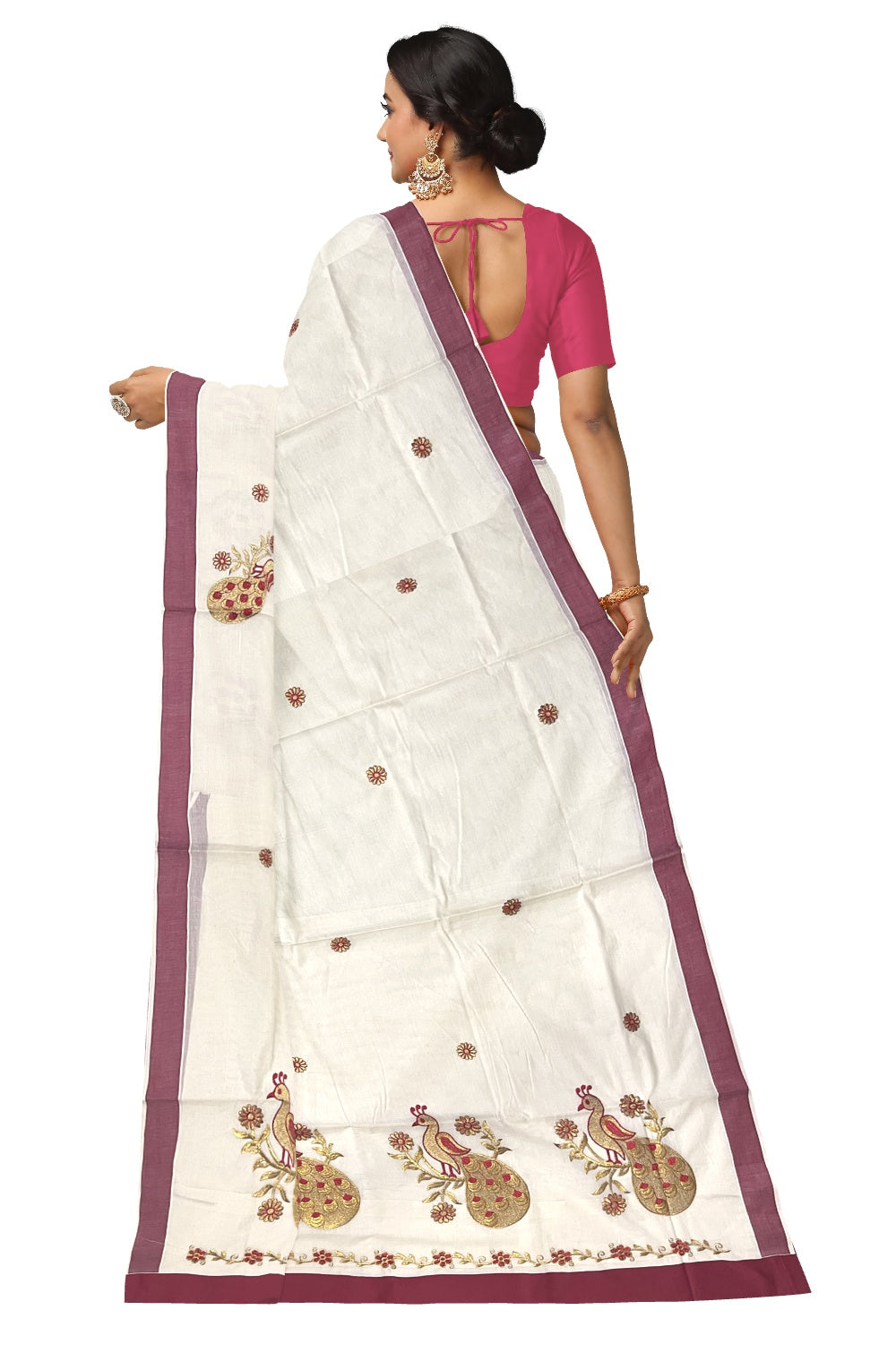 Pure Cotton Kerala Saree with Peacock Embroidery Work and Red Border (Onam Saree 2023)