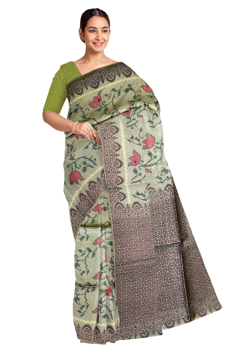 Southloom Semi Tussar Green Floral Woven Designer Saree