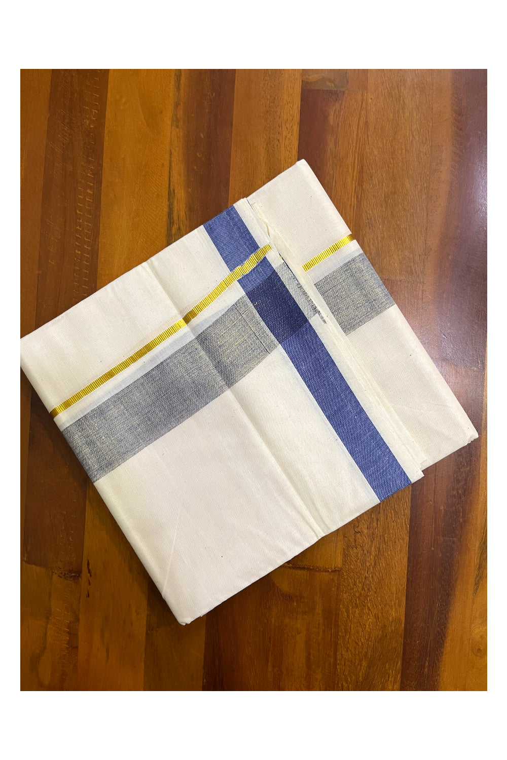 Kerala Pure Cotton Double Mundu with Blue Kasavu Border (South Indian Kerala Dhoti)