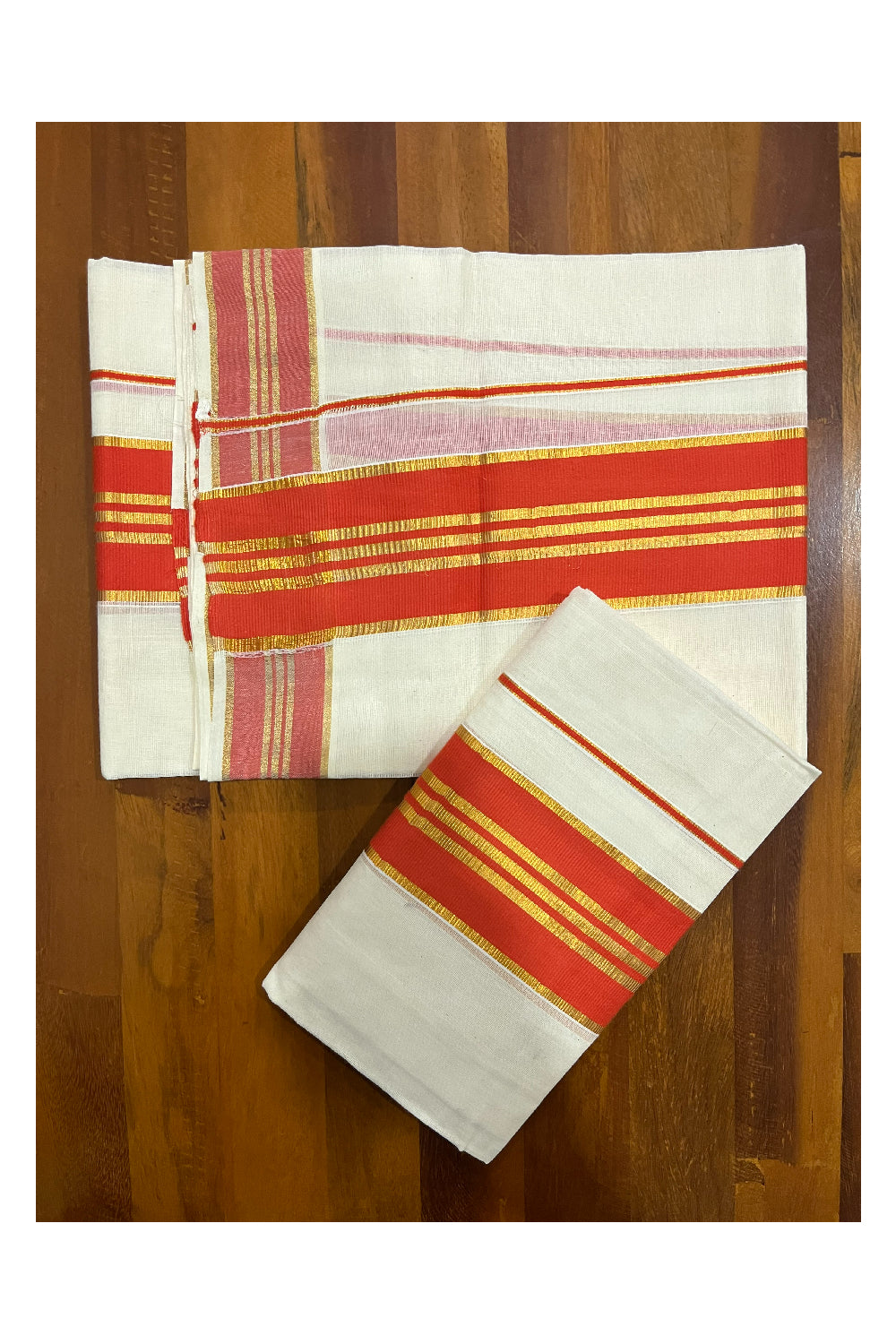 Pure Cotton Kerala Single Set Mundu (Mundum Neriyathum) with Orange and Kasavu Border