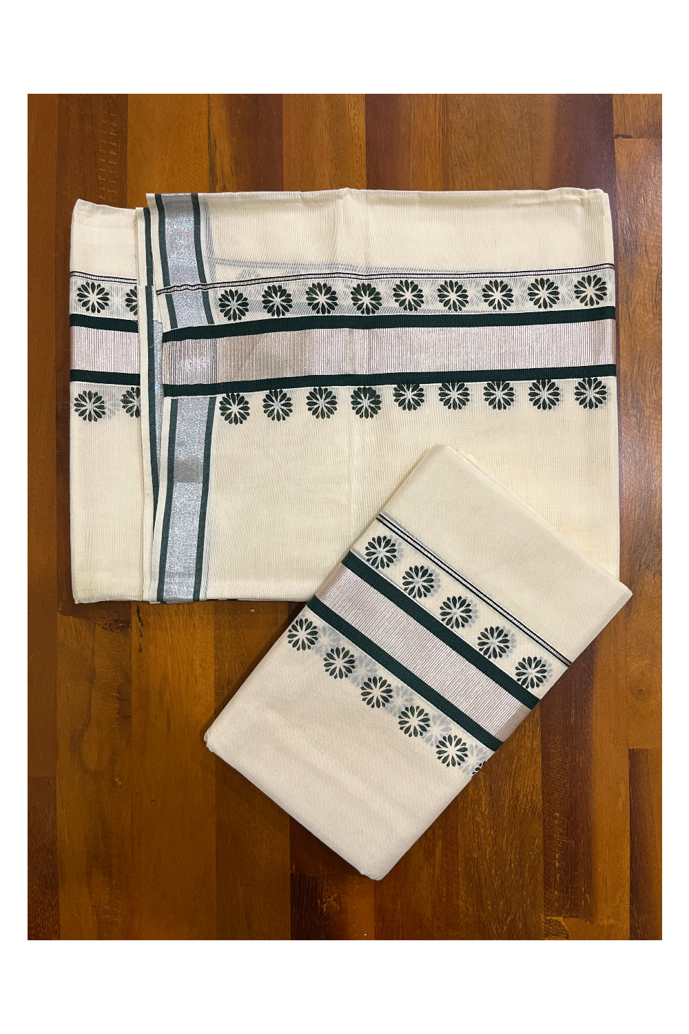 Mundum Neriyathum Single (Set Mundu) with Block Prints on Silver Kasavu and Dark Green Border (Onam 2024 Collection)