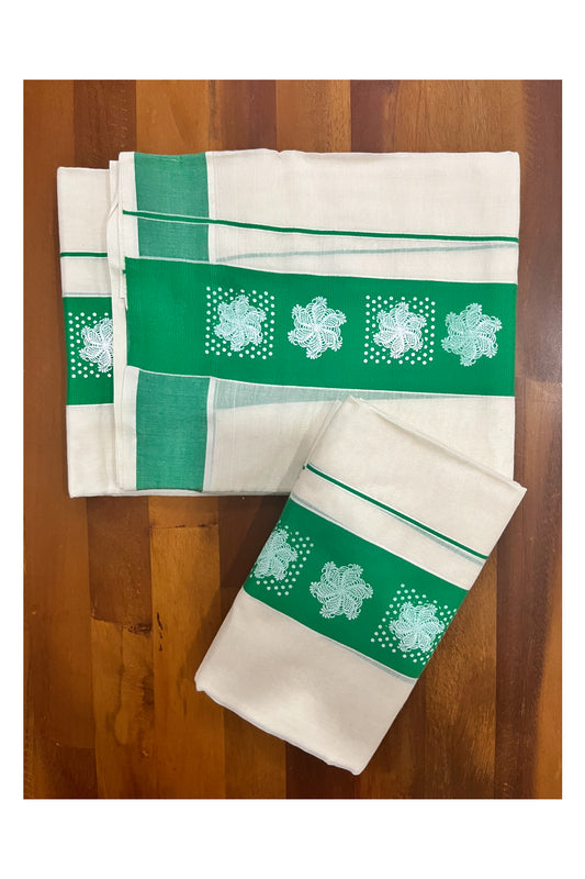 Kerala Cotton Single Set Mundu (Mundum Neriyathum) with Block Prints in Green Border