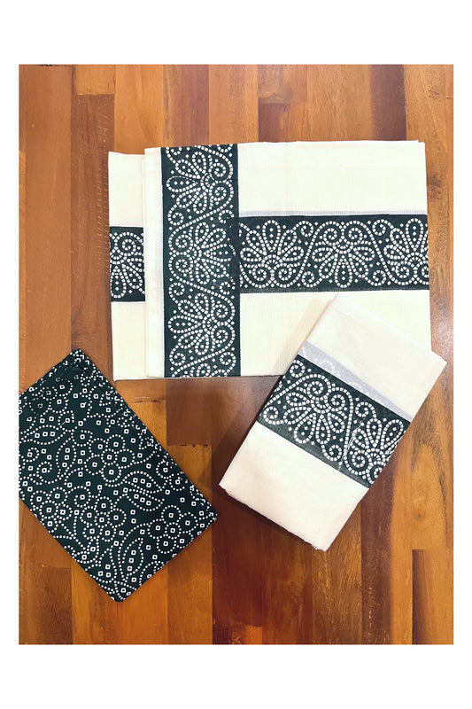 Kerala Cotton Set Mundu (Mundum Neriyathum) with Dark Green Block Prints and Seperate Blouse Piece 2.80 Mtrs