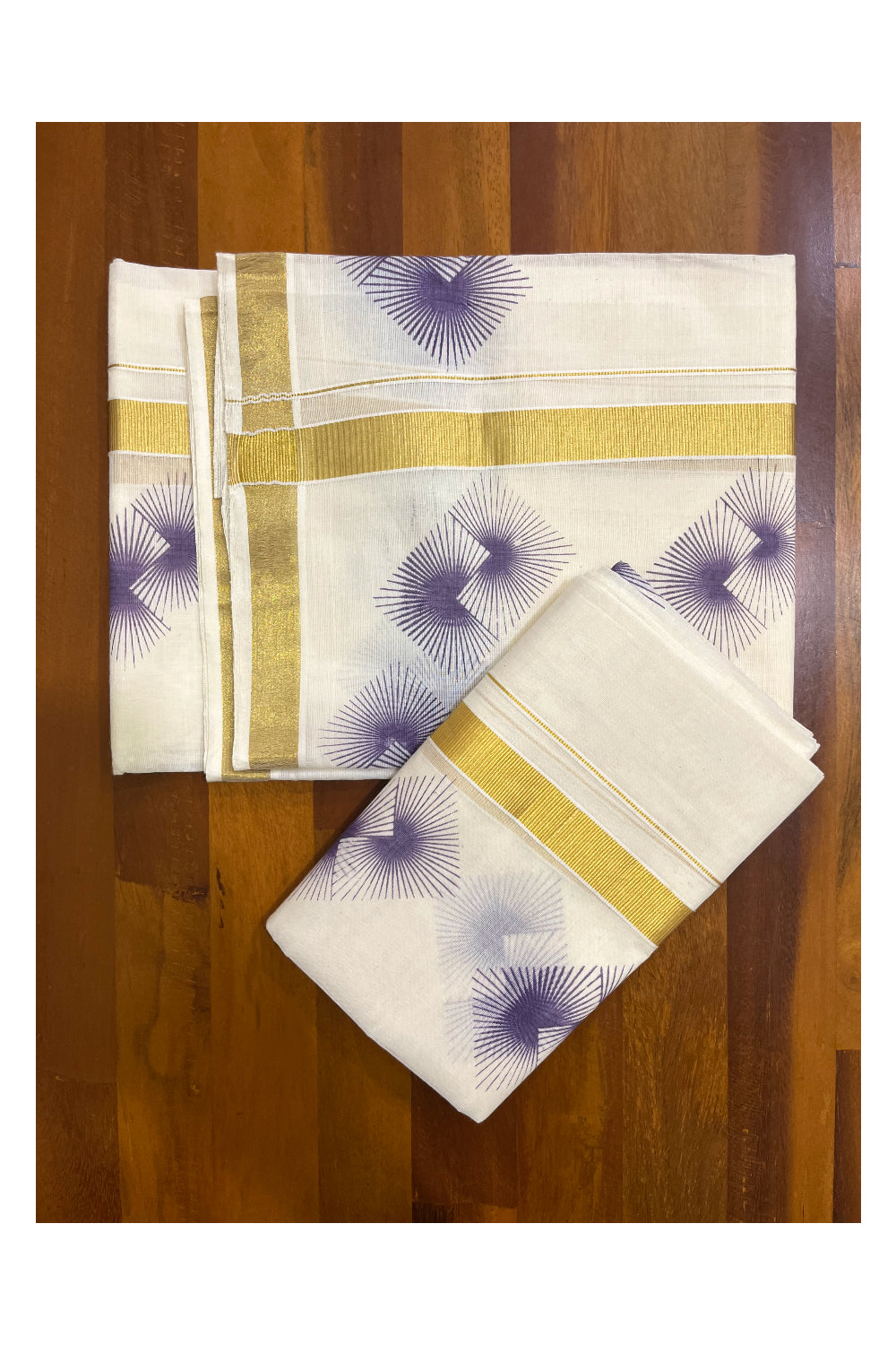 Kerala Cotton Kasavu Set Mundu with Purple Block Prints on Border