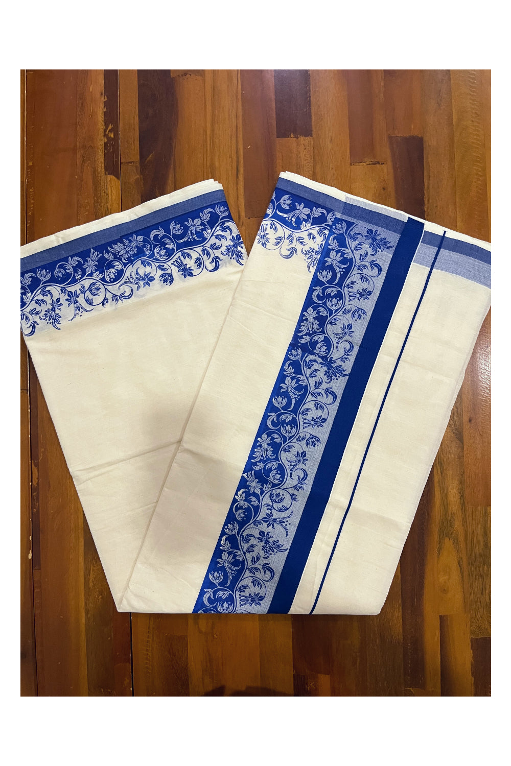 Kerala Cotton Saree with Blue Floral Block Printed Border