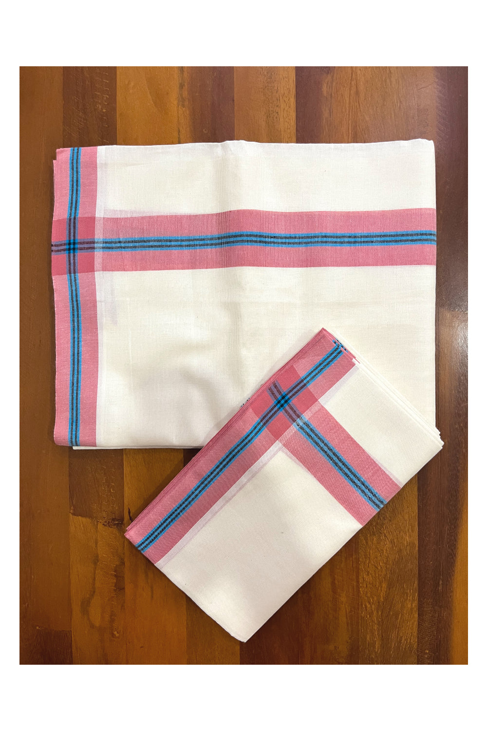 Kerala Mulloth Cotton Single Mundum Neriyathum with Pink Blue Border (Extra Soft Cotton)