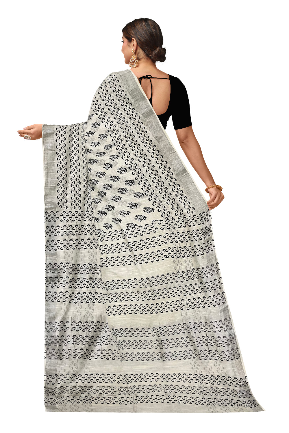 Southloom Linen Pure White Designer Saree with Black Prints and Tassels