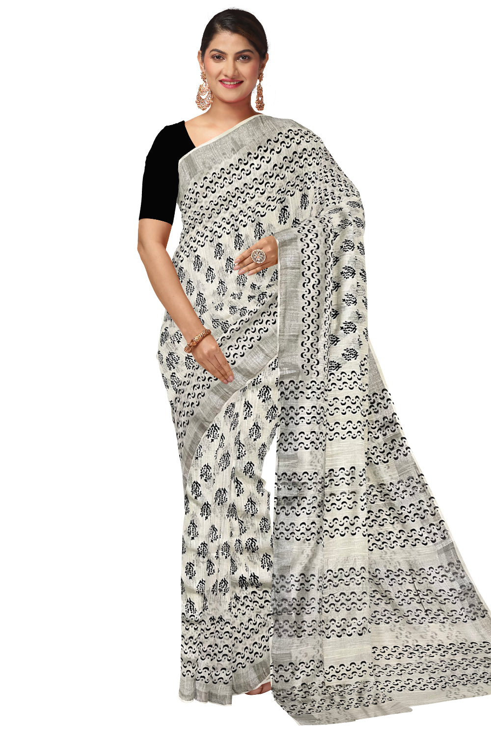 Southloom Linen Pure White Designer Saree with Black Prints and Tassels