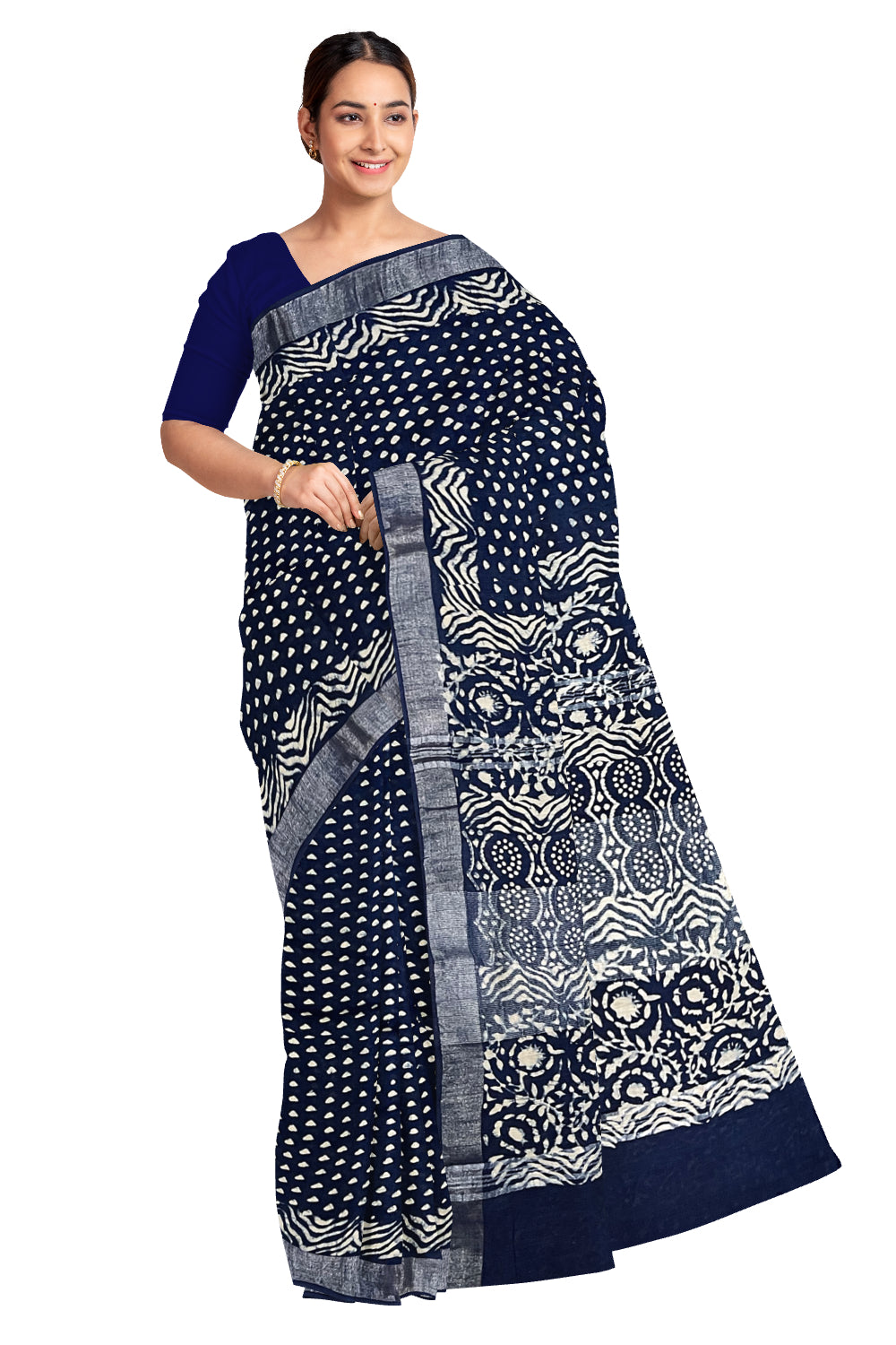 Southloom Designer Printed Blue Linen Saree