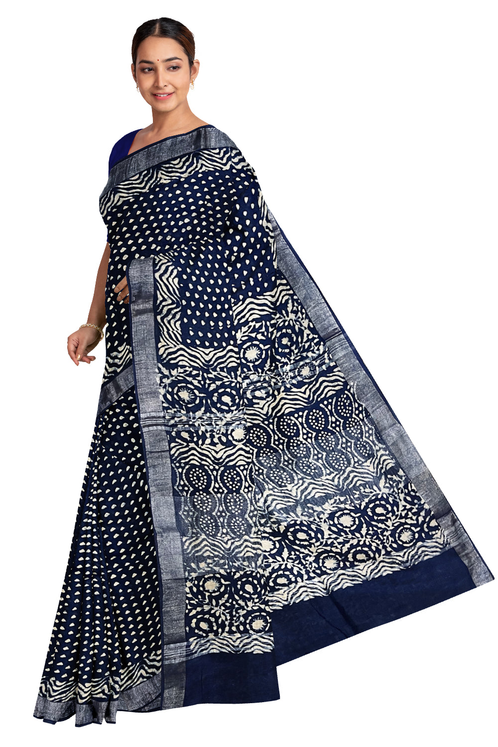 Southloom Designer Printed Blue Linen Saree