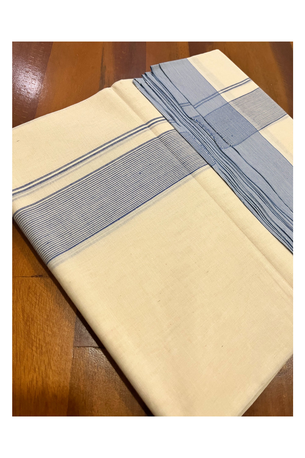 Pure Cotton 100x100 Double Mundu with Light Blue Line Border (South Indian Kerala Dhoti)