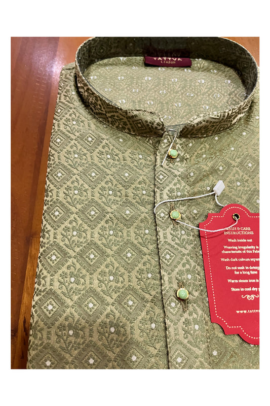 Southloom Olive Green Woven Patterns Semi Silk Short Kurta for Men