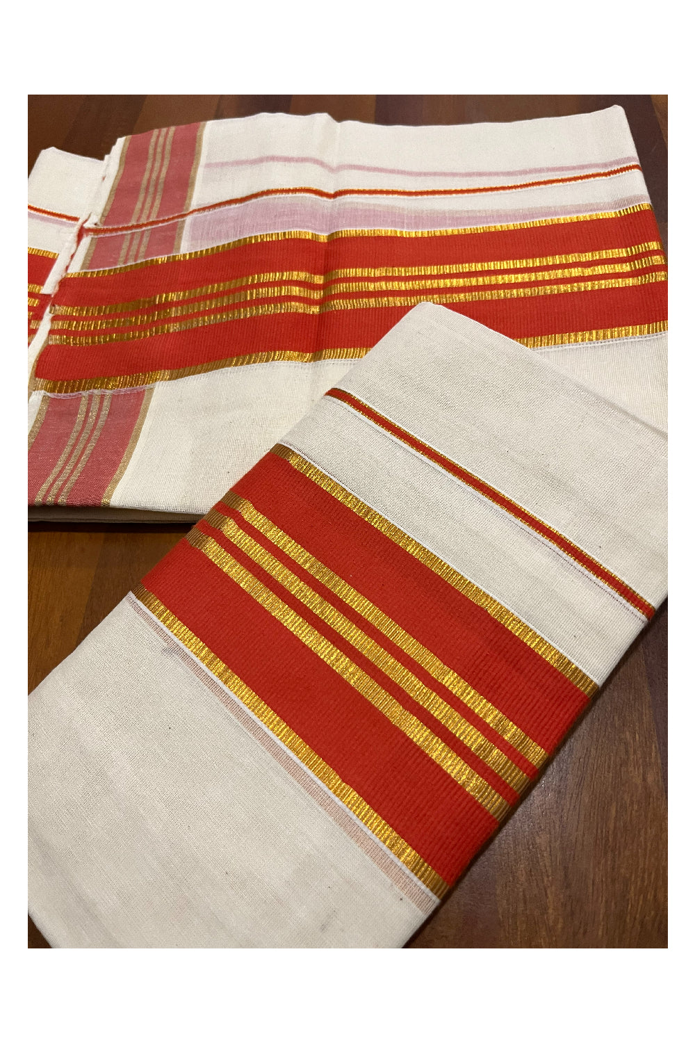 Pure Cotton Kerala Single Set Mundu (Mundum Neriyathum) with Orange and Kasavu Border