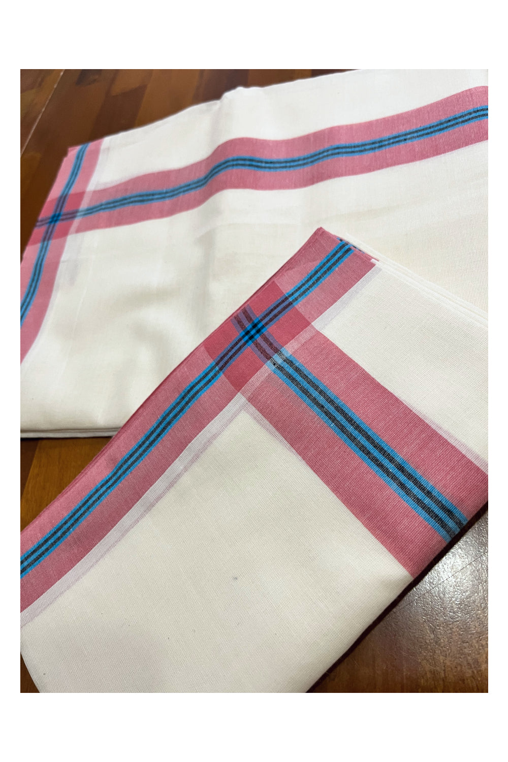 Kerala Mulloth Cotton Single Mundum Neriyathum with Pink Blue Border (Extra Soft Cotton)