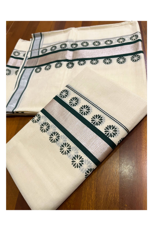 Mundum Neriyathum Single (Set Mundu) with Block Prints on Silver Kasavu and Dark Green Border (Onam 2024 Collection)