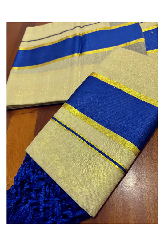 Kerala Tissue Kasavu Set Mundu (Mundum Neriyathum) with Blue Kara and Tassels on Pallu 2.80 Mtrs