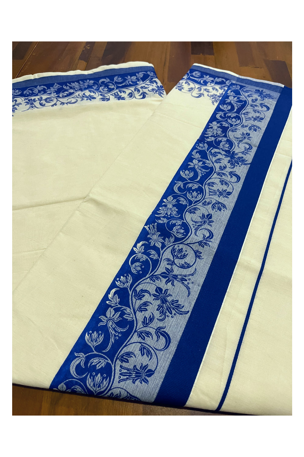 Kerala Cotton Saree with Blue Floral Block Printed Border