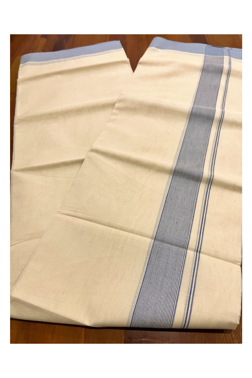 Pure Cotton 100x100 Double Mundu with Light Blue Line Border (South Indian Kerala Dhoti)