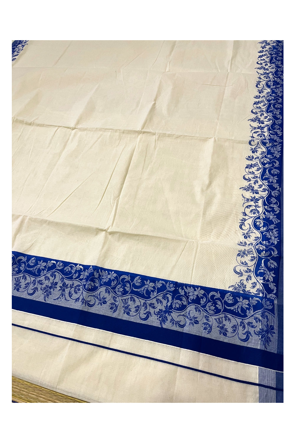 Kerala Cotton Saree with Blue Floral Block Printed Border