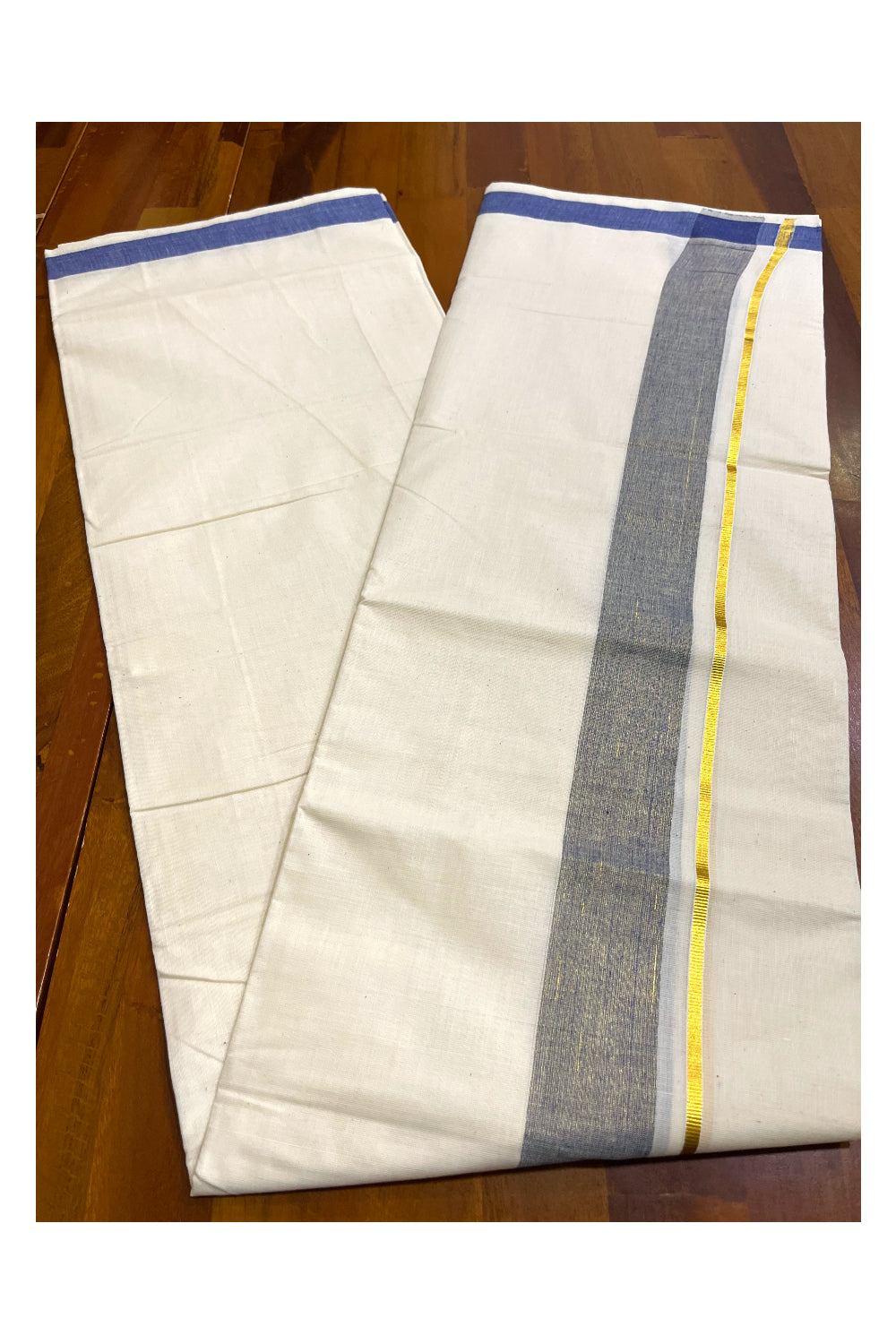 Kerala Pure Cotton Double Mundu with Blue Kasavu Border (South Indian Kerala Dhoti)