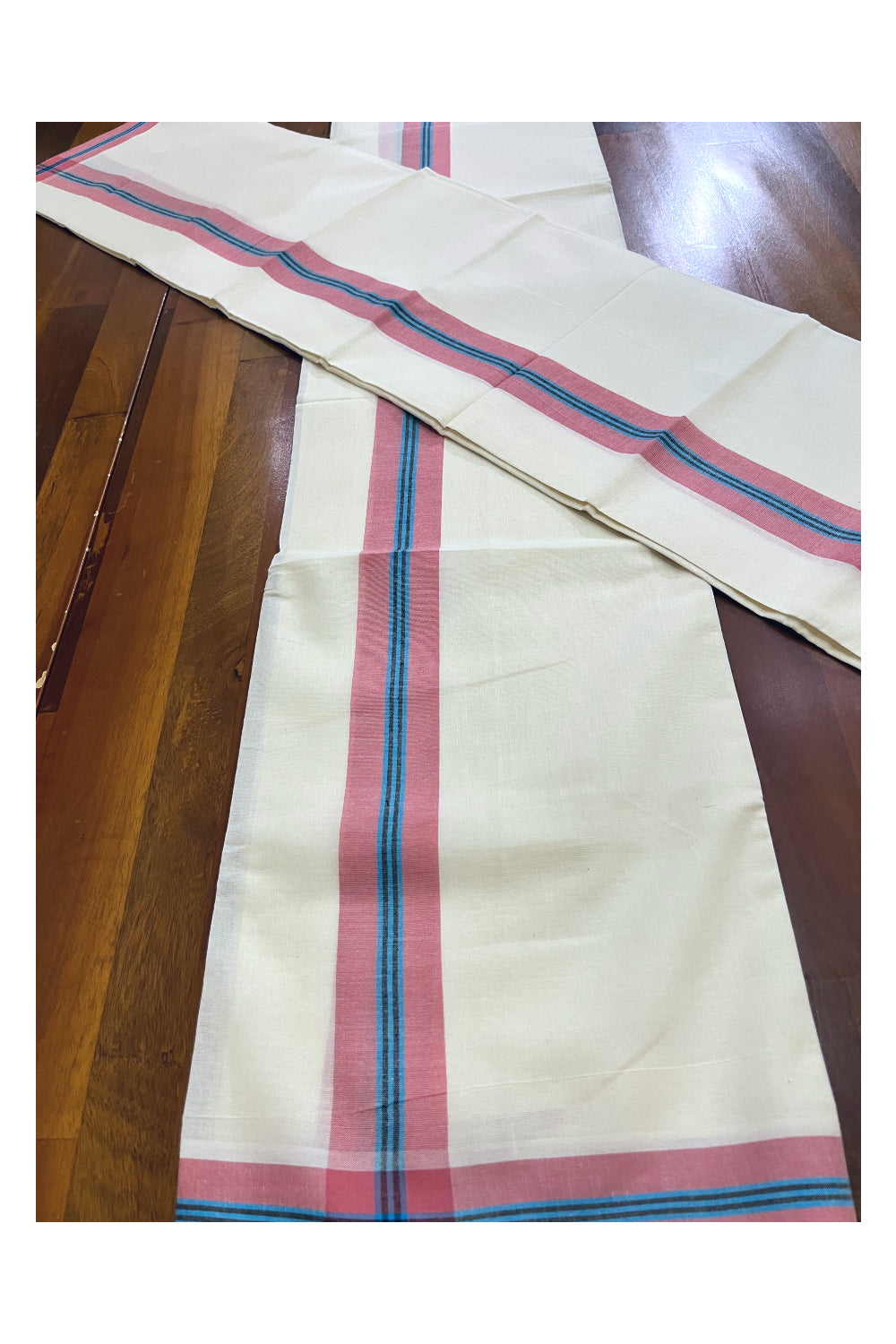 Kerala Mulloth Cotton Single Mundum Neriyathum with Pink Blue Border (Extra Soft Cotton)