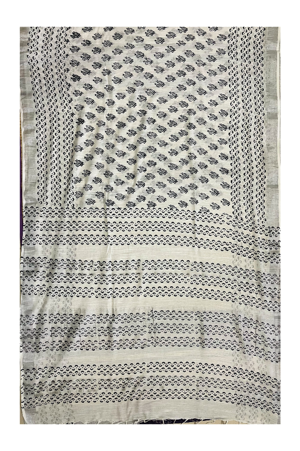 Southloom Linen Pure White Designer Saree with Black Prints and Tassels