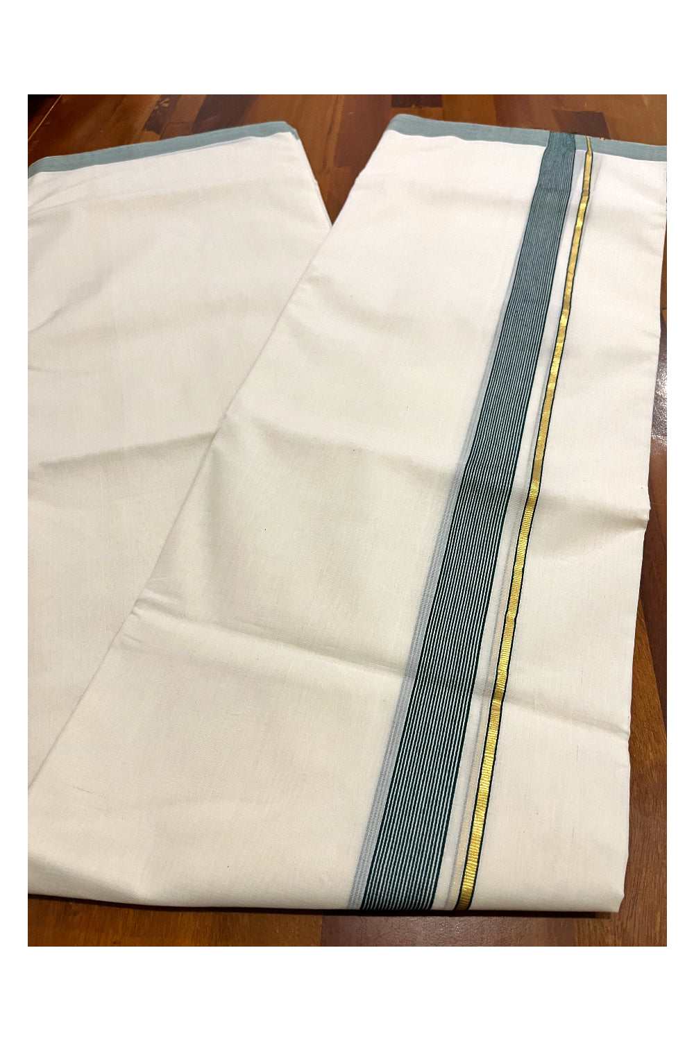 Southloom Premium Balaramapuram Unakkupaavu Handloom Mundu with Kasavu Mundu with and Green Border (South Indian Kerala Dhoti)