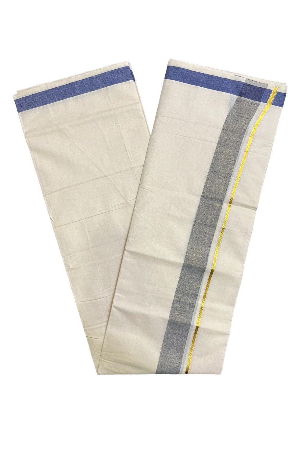 Kerala Pure Cotton Double Mundu with Blue Kasavu Border (South Indian Kerala Dhoti)