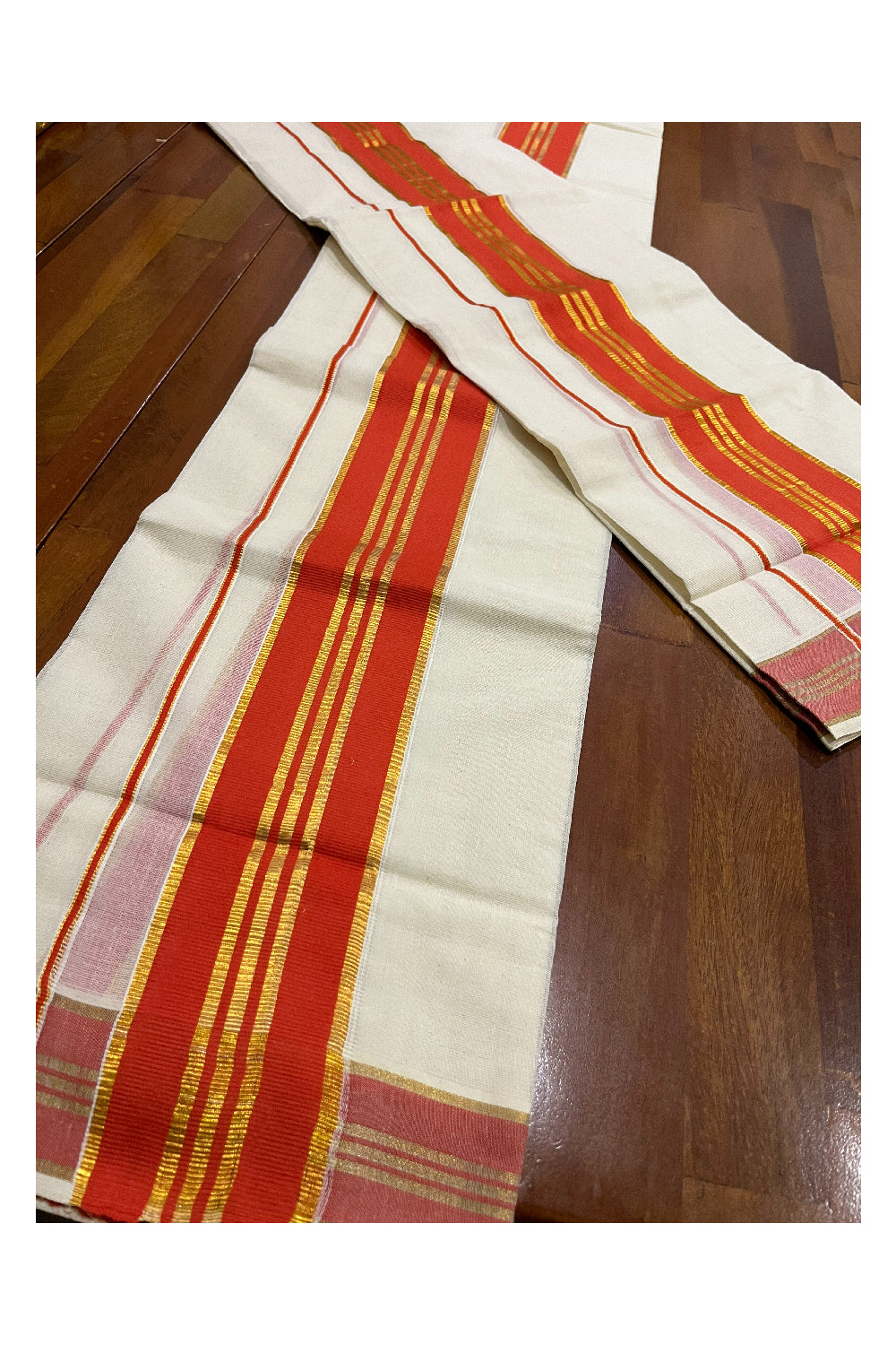 Pure Cotton Kerala Single Set Mundu (Mundum Neriyathum) with Orange and Kasavu Border