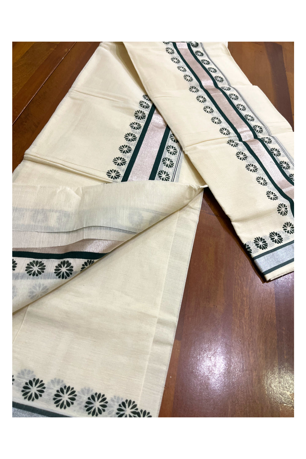 Mundum Neriyathum Single (Set Mundu) with Block Prints on Silver Kasavu and Dark Green Border (Onam 2024 Collection)