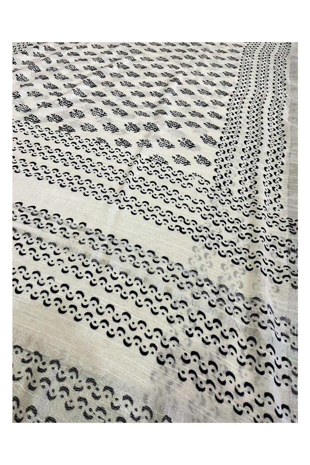 Southloom Linen Pure White Designer Saree with Black Prints and Tassels