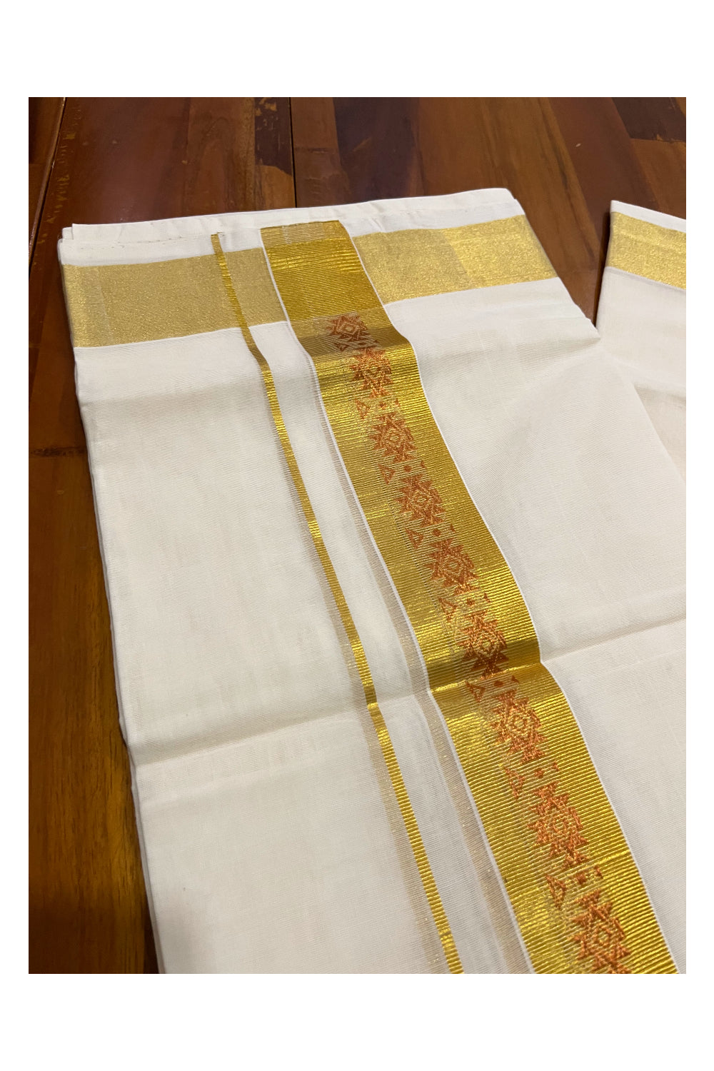 Southloom Premium Handloom Pure Cotton Mundu with Golden and Copper Kasavu Woven Border (Onam Mundu 2023)